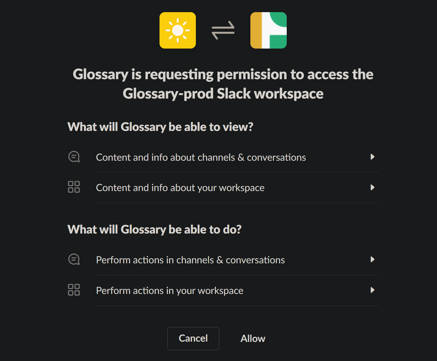Install Glossary to your Slack workspace for free